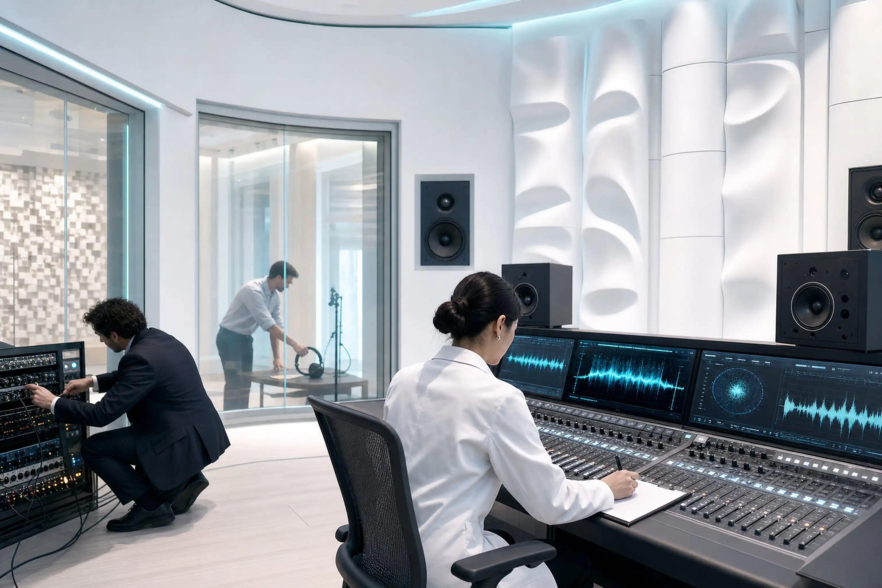 Cabina audiometrica vista dalla regia oltre il vetro, una persona seduta all'interno