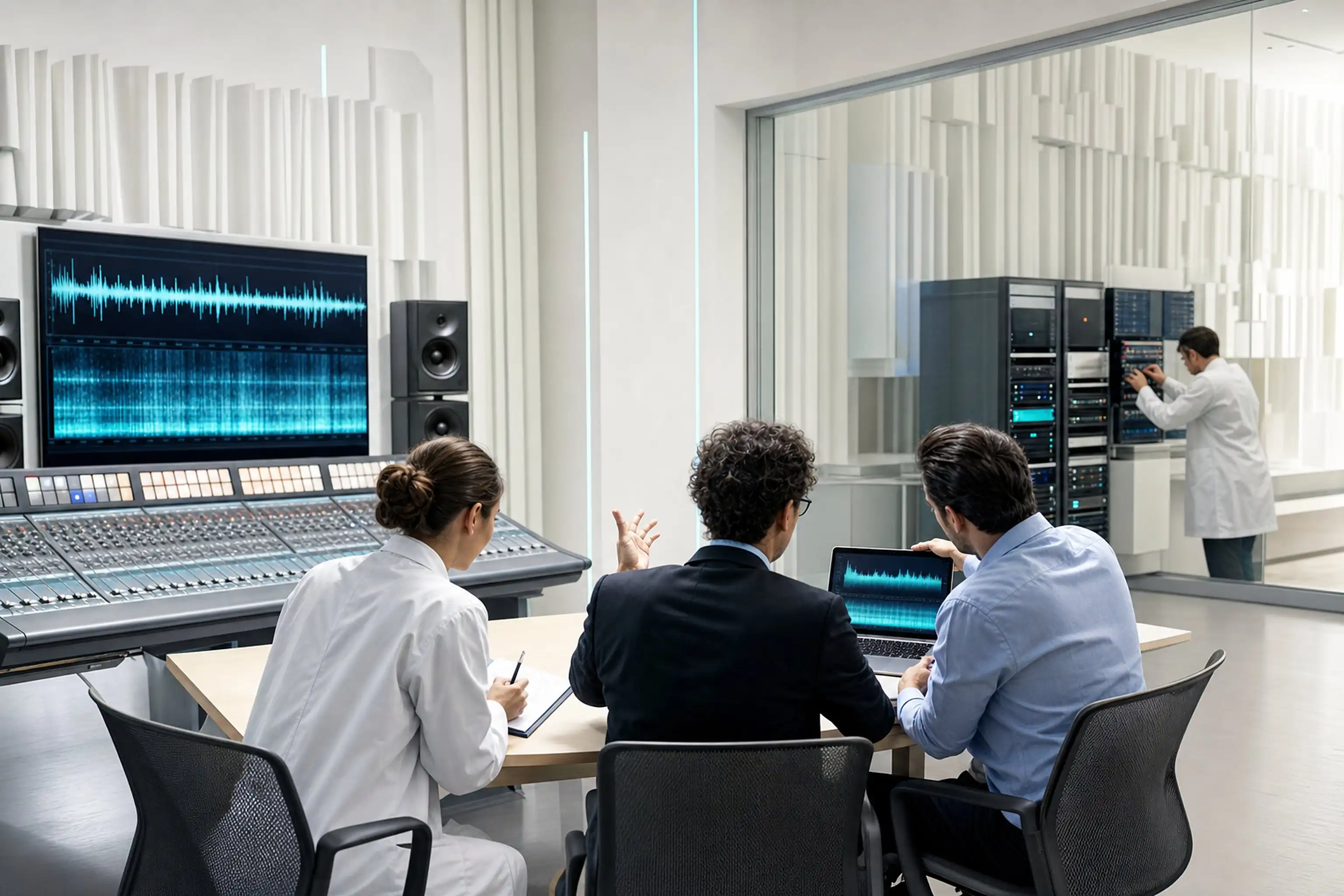 Tre persone attorno a un tavolo chiaro viste di spalle, regia audio oltre il vetro