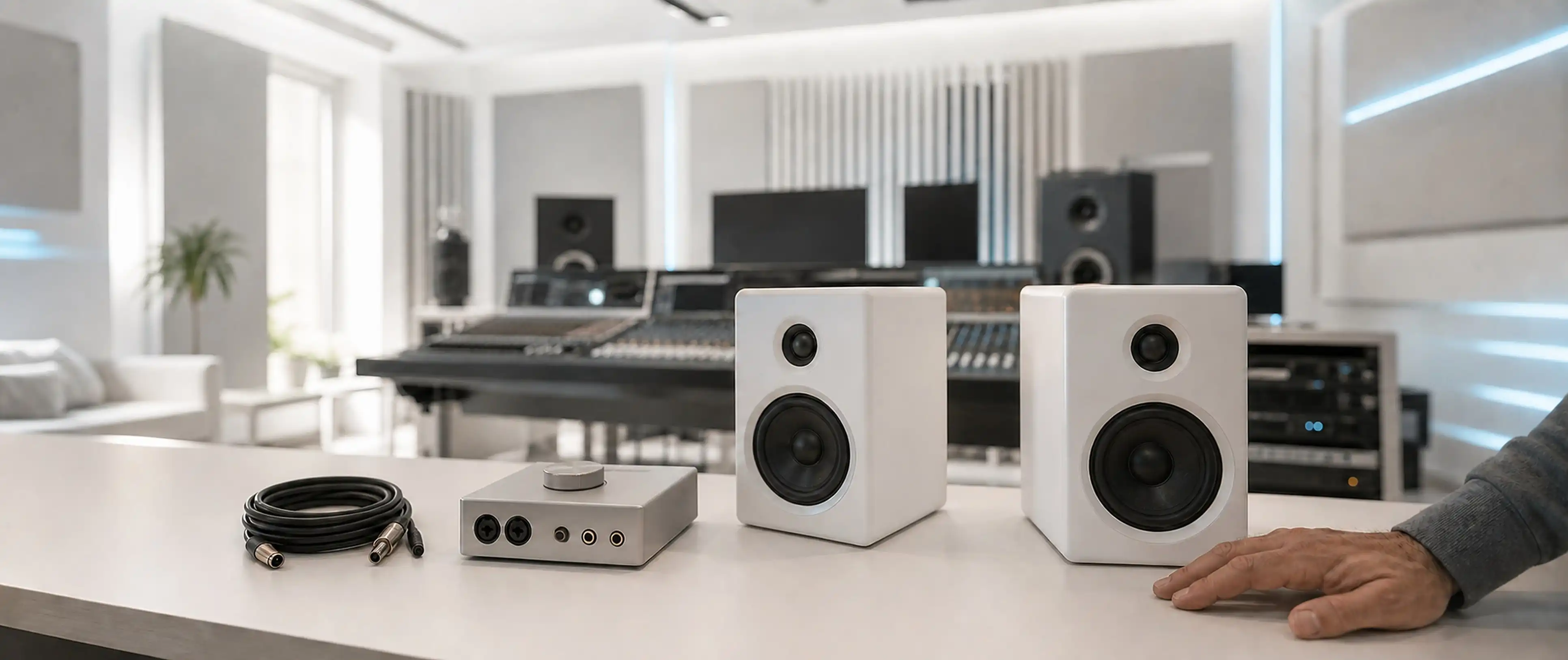 Due casse monitor e un'interfaccia audio su un banco chiaro, la regia sfocata alle spalle